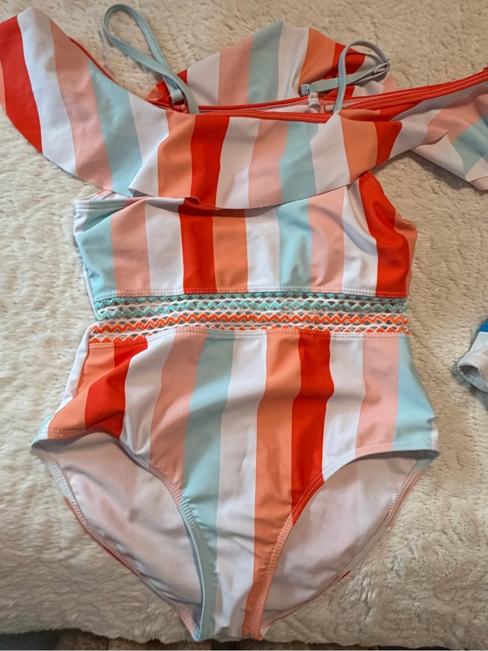 Girls' Multicolor Stripe One-Piece Swimsuit - Coral & Mint vacation beach swim